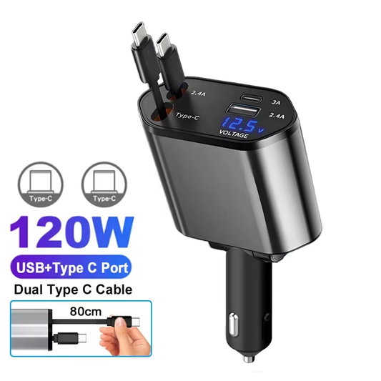 4 In 1 120W Car Charger With 2 Retractable Cables And 2 USB Ports